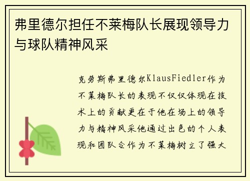 弗里德尔担任不莱梅队长展现领导力与球队精神风采 弗里德尔担任不莱梅队长展现领导力与球队精神风采