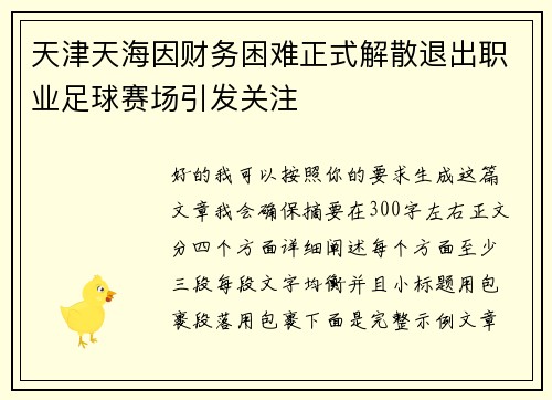 天津天海因财务困难正式解散退出职业足球赛场引发关注 天津天海因财务困难正式解散退出职业足球赛场引发关注